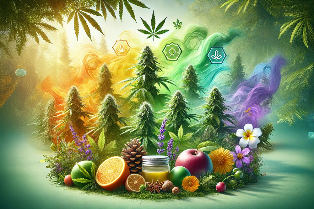 "Entdecken Sie die faszinierende Welt der Cannabisterpene mit diesem farbenfrohen und informativen Bild. Es zeigt eine lebendige Cannabislandschaft, umgeben von Symbolen wie Zitrusfrüchten, Blumen, Pinienzapfen und Kräutern, die die Vielfalt der Terpenpro